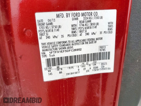 2013 Ford F-150 XL with VIN 1FTFX1EF5DFC26952, listed as a Copart auction lot 55121525 with 152,224 mi miles and Clean Title. Bid and sale history available at carsss.com. Image 12.