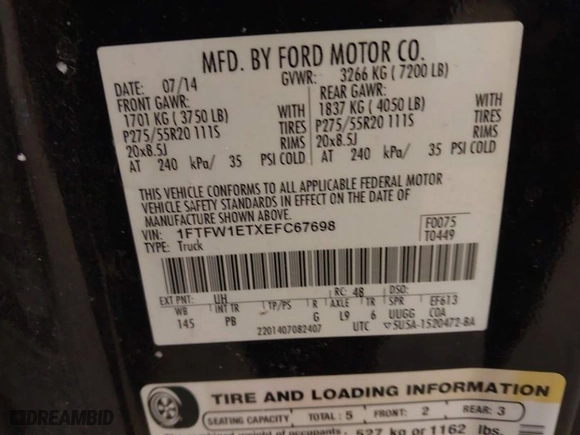 2014 Ford F-150 XL with VIN 1FTFW1ETXEFC67698, listed as a IAAI auction lot 41396295 with 174,096 mi miles. Bid and sale history available at carsss.com. Image 9.