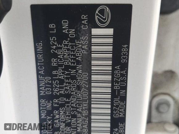 2020 Lexus ES 350 F Sport with VIN 58AGZ1B1XLU072700, listed as a Copart auction lot 53831565 with 41,036 mi miles and Salvage title. Bid and sale history available at DreamBid. Image 12.