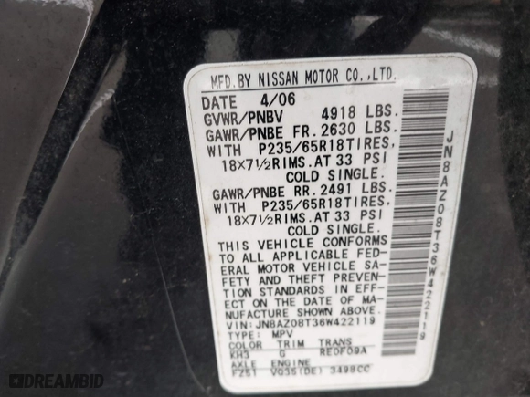 2006 Nissan Murano SL with VIN JN8AZ08T36W422119, listed as a IAAI auction lot 41842089 with 173,749 mi miles. Bid and sale history available at carsss.com. Image 9.