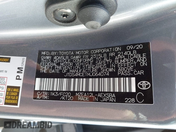 2021 Toyota Corolla SE with VIN JTDS4MCE1MJ064074, listed as a IAAI auction lot 41861193 with 49,534 mi miles. Bid and sale history available at carsss.com. Image 9.