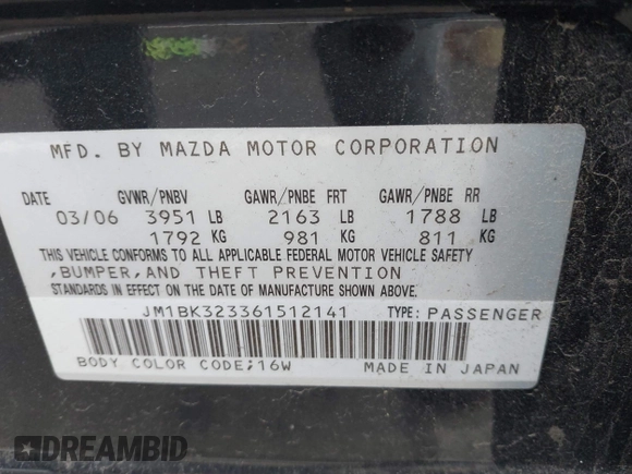 2006 Mazda 3 S Touring с VIN JM1BK323361512141, выставлен на аукционе IAAI как лот 41980012 с пробегом 187 128 миль миль и . История ставок и продаж доступна на DreamBid. Изображение 9.