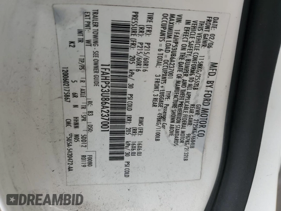 2006 Ford Taurus SE with VIN 1FAHP53U86A237001, listed as a Copart auction lot 62858785 with 133,697 mi miles and Salvage title. Bid and sale history available at DreamBid. Image 12.