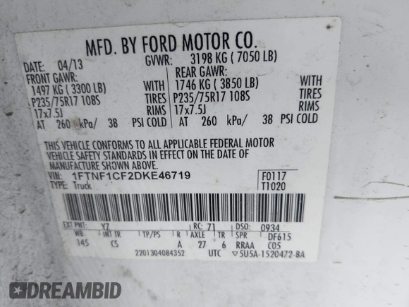 2013 Ford F-150 XL z VIN 1FTNF1CF2DKE46719, wystawiony jako IAAI lot #42865368 z przebiegiem 358 593 mil mil oraz . Historia ofert i sprzedaży dostępna na DreamBid. Obrazek 9.