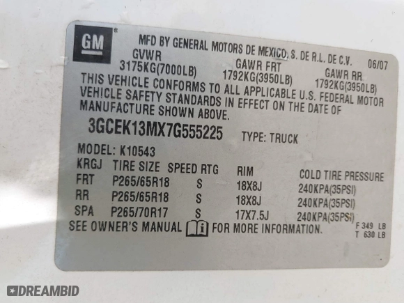 2007 Chevrolet Silverado 1500 LTZ with VIN 3GCEK13MX7G555225, listed as a IAAI auction lot 41771999 with 259,736 mi miles. Bid and sale history available at carsss.com. Image 9.
