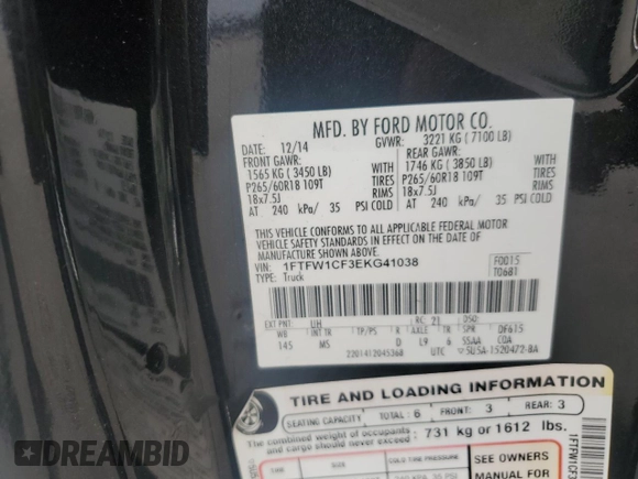 2014 Ford F-150 XL with VIN 1FTFW1CF3EKG41038, listed as a Copart auction lot 48328585 with 104,492 mi miles and Salvage Title. Bid and sale history available at carsss.com. Image 14.