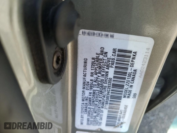 2004 Toyota Corolla CE with VIN 2T1BR38E94C283350, listed as a Copart auction lot 55277095 with 229,572 mi miles and Salvage Title. Bid and sale history available at DreamBid. Image 12.
