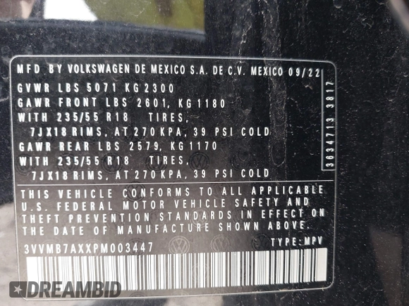 2023 Volkswagen Tiguan SE with VIN 3VVMB7AXXPM003447, listed as a IAAI auction lot 42566061 with 39,185 mi miles and . Bid and sale history available at DreamBid. Image 9.