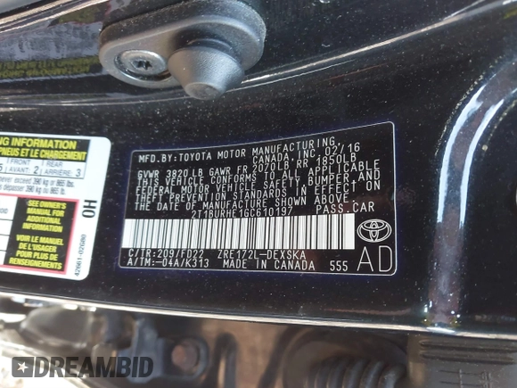 2016 Toyota Corolla L with VIN 2T1BURHE1GC610197, listed as a IAAI auction lot 41016170 with 46,286 mi miles and . Bid and sale history available at DreamBid. Image 9.