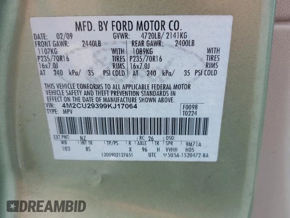 2009 Mercury Mariner Hybrid with VIN 4M2CU29399KJ17064, listed as a Copart auction lot 60263545 with 176,232 mi miles and Salvage title. Bid and sale history available at DreamBid. Image 14.