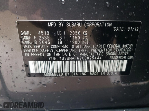 2019 Subaru Legacy Premium with VIN 4S3BNAF69K3025444, listed as a Copart auction lot 72703872 with 29,419 mi miles. Bid and sale history available at carsss.com. Image 12.