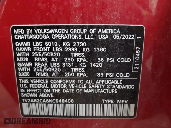 2022 Volkswagen Atlas 3.6L V6 SEL R-Line with VIN 1V2AR2CA6NC548406, listed as a IAAI auction lot 41599286 with 46,685 mi miles. Bid and sale history available at carsss.com. Image 9.