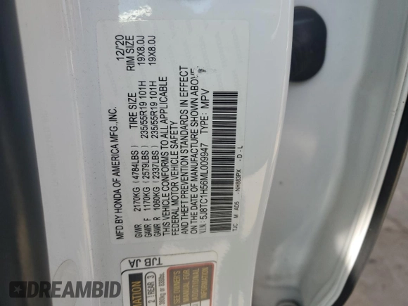 2021 Acura RDX Technology with VIN 5J8TC1H56ML009947, listed as a Copart auction lot 55653275 with 55,533 mi miles and Salvage title. Bid and sale history available at DreamBid. Image 12.