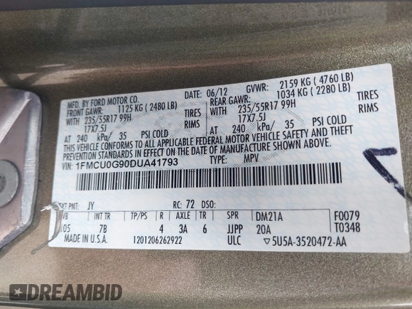 2013 Ford Escape SE with VIN 1FMCU0G90DUA41793, listed as a IAAI auction lot 41842981 with 179,312 mi miles. Bid and sale history available at carsss.com. Image 9.