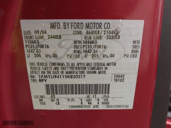 2005 Ford Escape Limited with VIN 1FMYU94115KB50317, listed as a IAAI auction lot 41852013 with 161,181 mi miles. Bid and sale history available at carsss.com. Image 9.