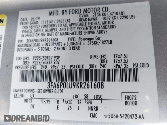 2019 Ford Fusion SE with VIN 3FA6P0LU9KR261608, listed as a IAAI auction lot 41610090 with Not Provided miles. Bid and sale history available at carsss.com. Image 9.