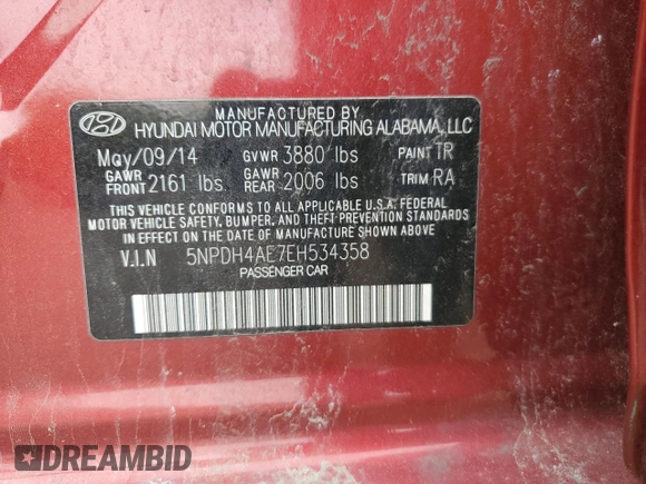 2014 Hyundai Elantra SE with VIN 5NPDH4AE7EH534358, listed as a Copart auction lot 53651345 with 152,845 mi miles and Salvage Title. Bid and sale history available at DreamBid. Image 12.