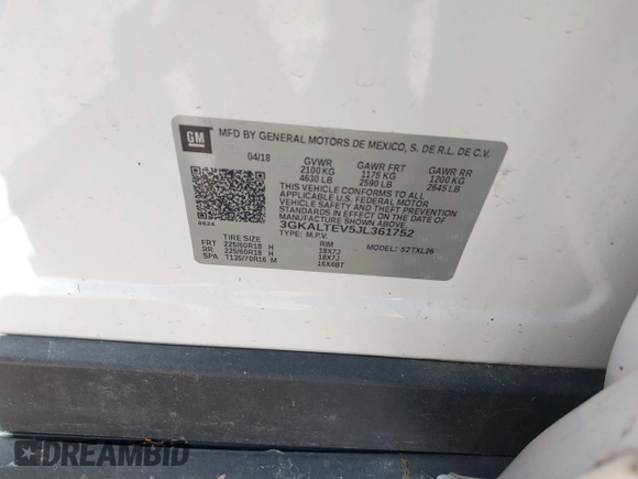 2018 GMC Terrain SLE z VIN 3GKALTEV5JL361752, wystawiony jako IAAI lot #42040941 z przebiegiem 102 731 mil mil oraz . Historia ofert i sprzedaży dostępna na DreamBid. Obrazek 9.
