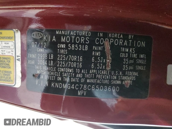 2012 Kia Sedona LX with VIN KNDMG4C78C6503600, listed as a Copart auction lot 49525555 with 241,476 mi miles and Clean Title. Bid and sale history available at carsss.com. Image 13.