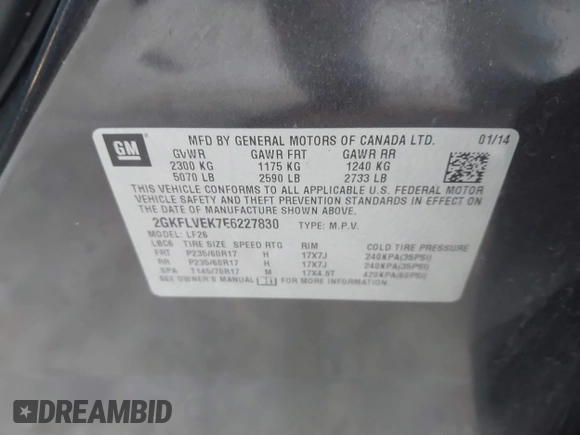 2014 GMC Terrain SLE with VIN 2GKFLVEK7E6227830, listed as a IAAI auction lot 41795661 with 170,068 mi miles. Bid and sale history available at carsss.com. Image 9.