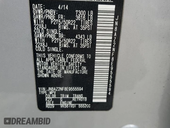 2014 Infiniti QX80 with VIN JN8AZ2NF8E9555594, listed as a Copart auction lot 40000354 with 140,479 mi miles and Salvage title. Bid and sale history available at DreamBid. Image 13.