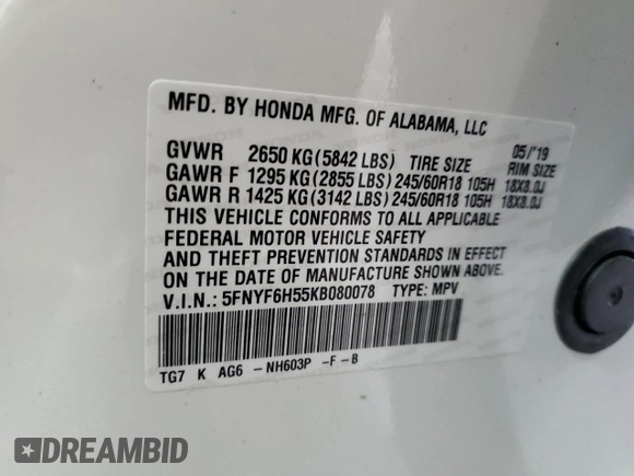 2019 Honda Pilot EX-L z VIN 5FNYF6H55KB080078, wystawiony jako Copart lot #55938415 z przebiegiem 54 857 mil mil oraz Szkoda całkowita • Salvage title. Historia ofert i sprzedaży dostępna na DreamBid. Obrazek 13.