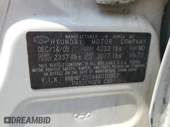2004 Hyundai Sonata with VIN KMHWF25SX4A010917, listed as a Copart auction lot 60616644 with 75,565 mi miles and Non Repairable. Bid and sale history available at carsss.com. Image 14.