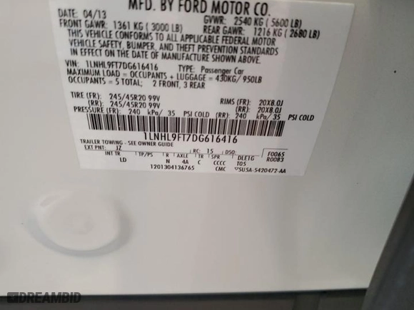 2013 Lincoln MKS EcoBoost with VIN 1LNHL9FT7DG616416, listed as a Copart auction lot 50709645 with 39,051 mi miles and Salvage Title. Bid and sale history available at carsss.com. Image 13.