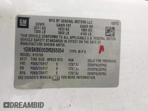 2013 Chevrolet Tahoe LT with VIN 1GNSKBE05DR293054, listed as a IAAI auction lot 41955877 with 192,474 mi miles and . Bid and sale history available at DreamBid. Image 9.