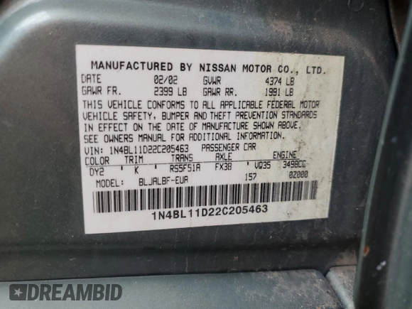 2002 Nissan Altima SE with VIN 1N4BL11D22C205463, listed as a Copart auction lot 68267834 with 210,983 mi miles and Clean Title. Bid and sale history available at carsss.com. Image 12.