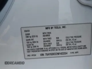 2022 Tesla Model Y Long Range with VIN 7SAYGDEE2NF403354, listed as a IAAI auction lot 41986216 with 53,177 mi miles and . Bid and sale history available at DreamBid. Image 9.