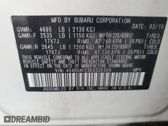 2019 Subaru Outback Premium with VIN 4S4BSAFC5K3335309, listed as a Copart auction lot 62479545 with 46,004 mi miles and Salvage title. Bid and sale history available at DreamBid. Image 13.