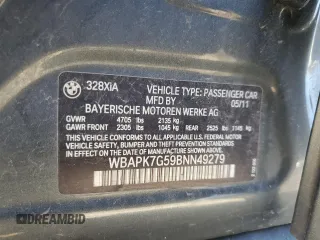 2011 BMW 3 Series 328i xDrive with VIN WBAPK7G59BNN49279, listed as a Copart auction lot 86583574 with 195,811 mi miles and Salvage Title. Bid and sale history available at carsss.com. Image 12.