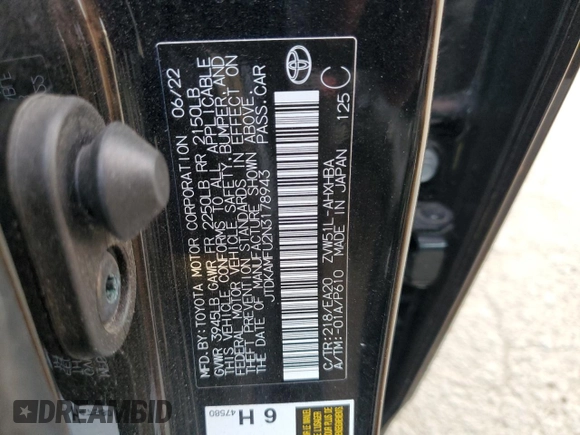 2022 Toyota Prius L Eco with VIN JTDKAMFU2N3178943, listed as a Copart auction lot 84765774 with 14,293 mi miles and Salvage Title. Bid and sale history available at carsss.com. Image 12.