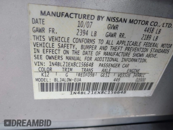 2008 Nissan Altima 3.5 SE with VIN 1N4BL21EX8C156648, listed as a IAAI auction lot 41775293 with 182,062 mi miles. Bid and sale history available at carsss.com. Image 9.