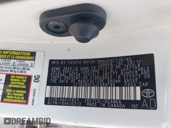 2018 Toyota Corolla L with VIN 2T1BURHE3JC988786, listed as a IAAI auction lot 42597734 with 88,016 mi miles and . Bid and sale history available at DreamBid. Image 9.