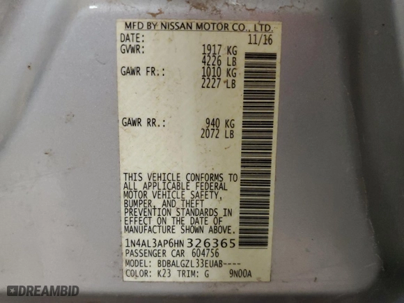 2017 Nissan Altima 2.5 SR with VIN 1N4AL3AP6HN326365, listed as a Copart auction lot 53263515 with 168,332 mi miles and Clean Title. Bid and sale history available at carsss.com. Image 12.