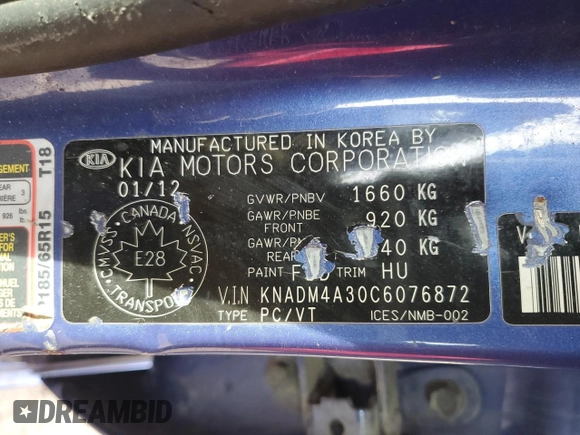 2012 Kia Rio LX with VIN KNADM4A30C6076872, listed as a Copart auction lot 47853135 with 0 mi miles and Salvage Title. Bid and sale history available at carsss.com. Image 12.