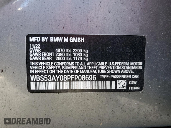 2023 BMW M3 with VIN WBS53AY08PFP08696, listed as a Copart auction lot 50433723 with 2,855 mi miles and Non repairable. Bid and sale history available at DreamBid. Image 13.