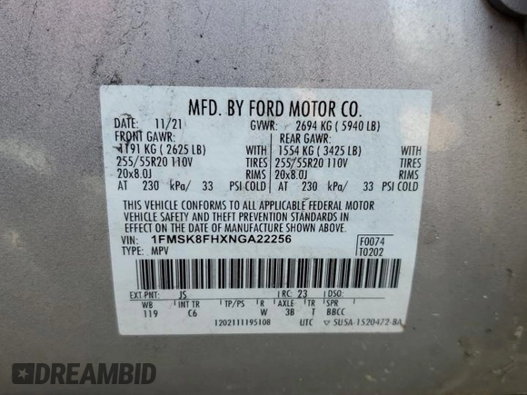 2022 Ford Explorer Limited with VIN 1FMSK8FHXNGA22256, listed as a Copart auction lot 55869995 with 102,919 mi miles and Salvage title. Bid and sale history available at DreamBid. Image 13.
