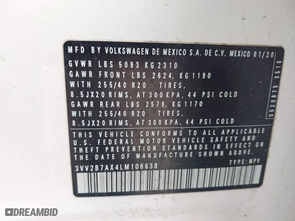 2020 Volkswagen Tiguan SE with VIN 3VV2B7AX4LM106638, listed as a IAAI auction lot 41744503 with 67,693 mi miles. Bid and sale history available at carsss.com. Image 9.