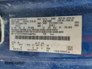 2017 Ford F-150 XL with VIN 1FTEX1CP4HFA46794, listed as a Copart auction lot 59623205 with Not provided miles and Salvage title. Bid and sale history available at DreamBid. Image 13.
