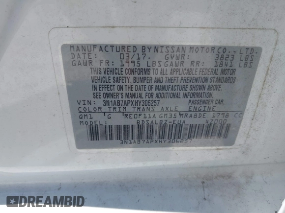 2017 Nissan Sentra SR with VIN 3N1AB7APXHY306257, listed as a IAAI auction lot 42502510 with 81,514 mi miles and . Bid and sale history available at DreamBid. Image 9.