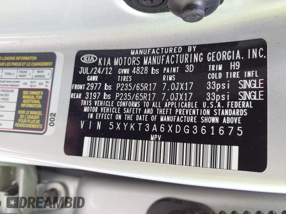 2013 Kia Sorento LX with VIN 5XYKT3A6XDG361675, listed as a IAAI auction lot 42402112 with 172,414 mi miles and . Bid and sale history available at DreamBid. Image 9.