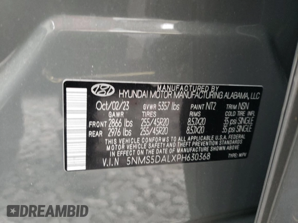 2023 Hyundai Santa Fe Calligraphy with VIN 5NMS5DALXPH630368, listed as a Copart auction lot 57386375 with 9,026 mi miles and Salvage title. Bid and sale history available at DreamBid. Image 14.