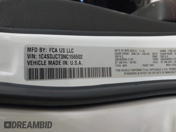 2022 Dodge Durango R/T with VIN 1C4SDJCT3NC156502, listed as a IAAI auction lot 41672093 with 16,853 mi miles and . Bid and sale history available at DreamBid. Image 9.