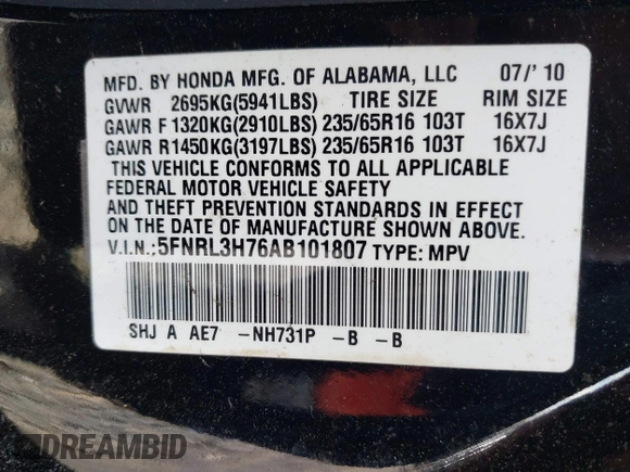 2010 Honda Odyssey EX-L с VIN 5FNRL3H76AB101807, выставлен на аукционе IAAI как лот 41221054 с пробегом 214 940 миль миль и . История ставок и продаж доступна на DreamBid. Изображение 9.