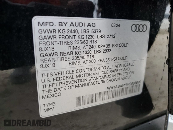 2024 Audi Q5 Premium with VIN WA1ABAFY9R2083635, listed as a Copart auction lot 86518374 with 0 mi miles and Non Repairable. Bid and sale history available at carsss.com. Image 14.