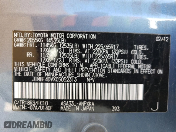 2012 Toyota RAV4 with VIN JTMBF4DVXC5052313, listed as a Copart auction lot 54609375 with 109,653 mi miles and Salvage Title. Bid and sale history available at carsss.com. Image 14.