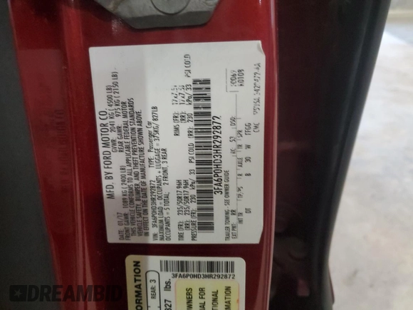 2017 Ford Fusion SE with VIN 3FA6P0HD3HR292872, listed as a Copart auction lot 49387365 with 117,382 mi miles and Salvage Title. Bid and sale history available at DreamBid. Image 13.